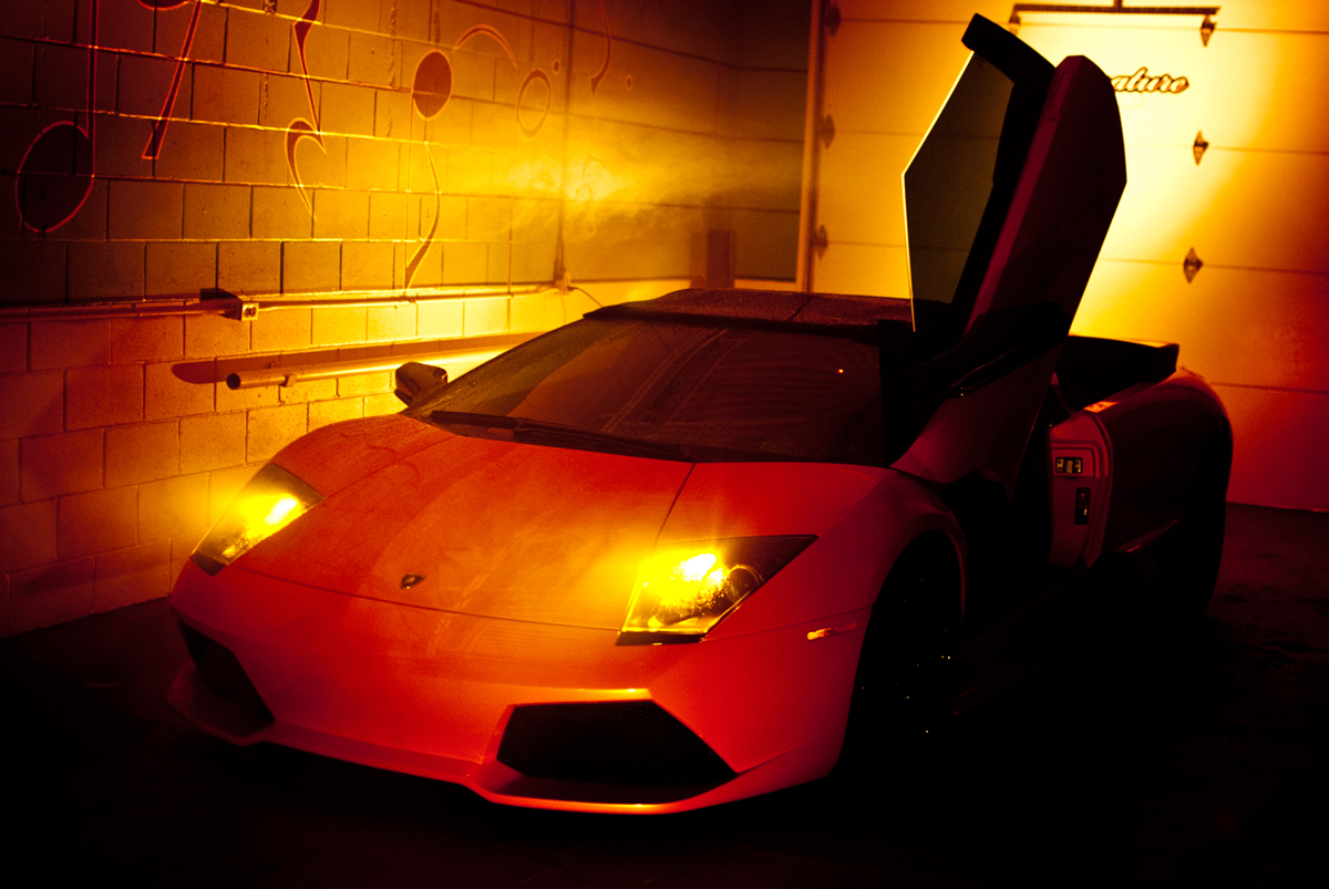 This Lamborghini is getting a cool glow. White LEDs used in the engine bay, front and rear vents.